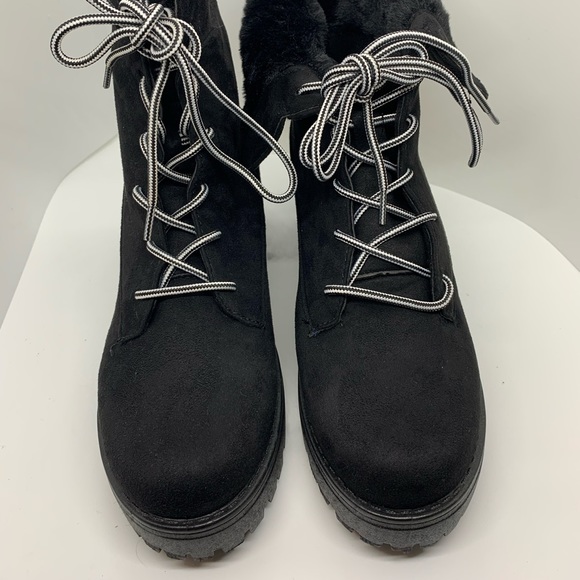 flip down furry faux suede lace boots black - Picture 10 of 11